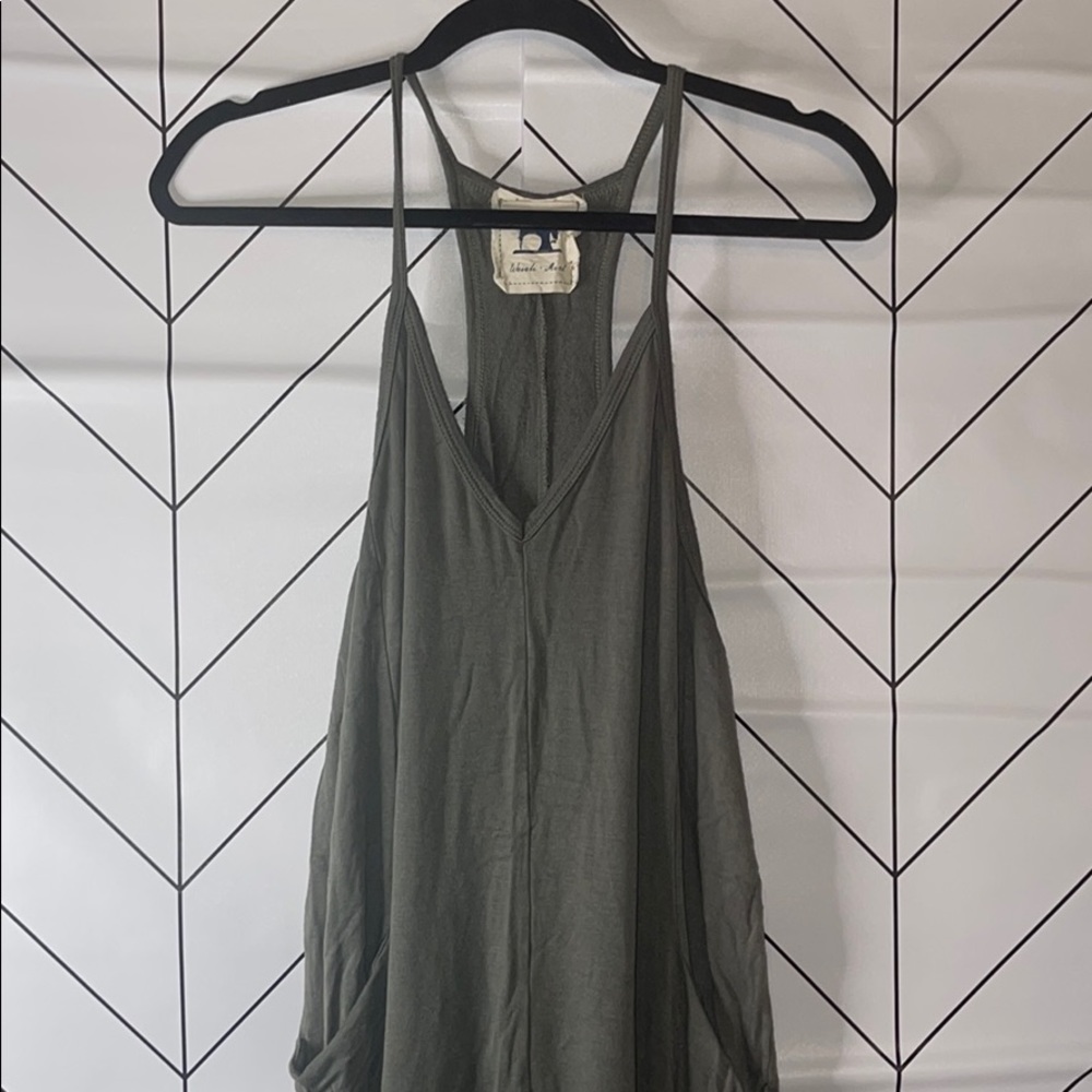 Army green romper pants.